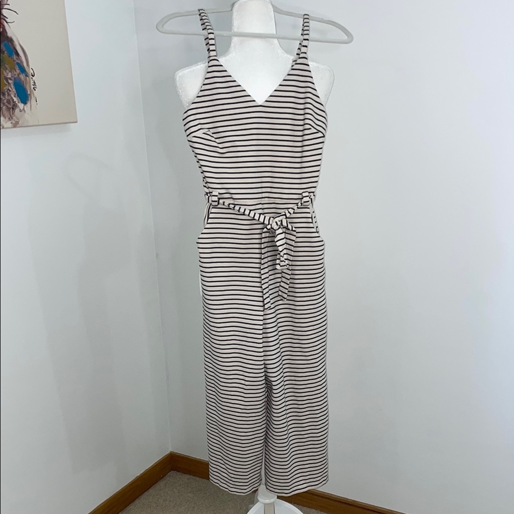 Black and White Striped Jumpsuit with Tie Belt